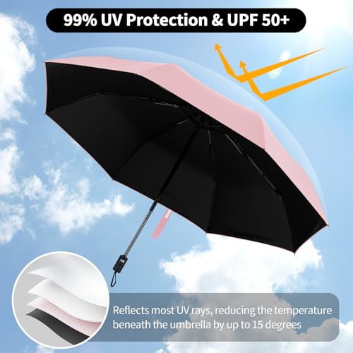 Yoobure Windproof Automatic Travel Umbrella, Compact Folding UV Sun & Rain - color: Coral Pink