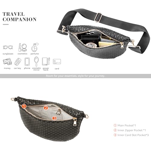 Woven Crossbody Bag for Women, Checkered PU Bum Bag Sling Purse with Adjustable Strap for Travel, Festivals - color: Black