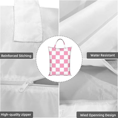 "pink and white checkerboard plaid 2-Pack Travel Laundry Bags for Dirty Clothes- Large Waterproof Laundry Tote, Wet & Dry Use, Reusable Foldable Carry Handles for Vacation, Gym & Dorm" - color: Pink And White Checkerboard Plaid