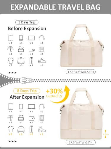 Capolo Expandable Travel Duffle Bag Weekender Overnight Bags for Women Men - color: Beige, size: X-Large