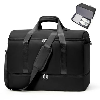 Travel Duffle Bag with Shoe Compartment, Overnight Weekender Bags for Women - color: Black