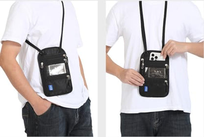 RFID Blocking Passport Holder Neck Pouch, Black, with Adjustable Shoulder Strap, Clear ID Window, Multi-Pocket Travel Wallet for Women Men
