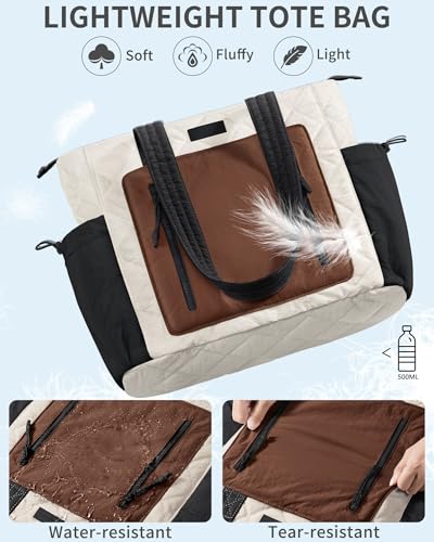 Bagstellar Puffer Tote Bag for Women, Lightweight Puffy Work Laptop Handbag - color: Cream-brown-black