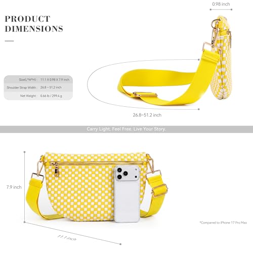 Woven Crossbody Bag for Women, Checkered PU Bum Bag Sling Purse with Adjustable Strap for Travel, Festivals - color: Lemon Yellow & White Checkered Woven