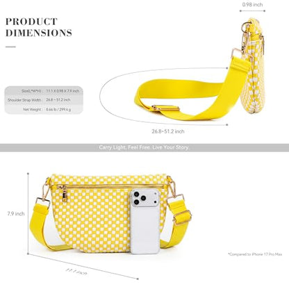 Woven Crossbody Bag for Women, Checkered PU Bum Bag Sling Purse with Adjustable Strap for Travel, Festivals - color: Lemon Yellow & White Checkered Woven