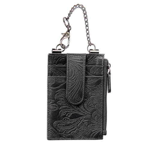 RFID Blocking Boot Wallet with Security Chain & Zipper Lock – Genuine Leather Wallets for Men, Travel Wallets Women, Minimalist Leather Card Holder - color: Black Embossed