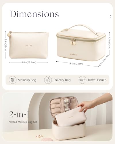 Prite Makeup Bag Travel Cosmetic Case, Toiletry Bag Organizer, Beige Set - color: Beige Set