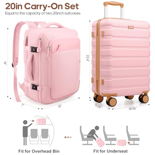 Carry on Luggage, Suitcase Set 3Piece with Backpack YKK zippers - color: Pink