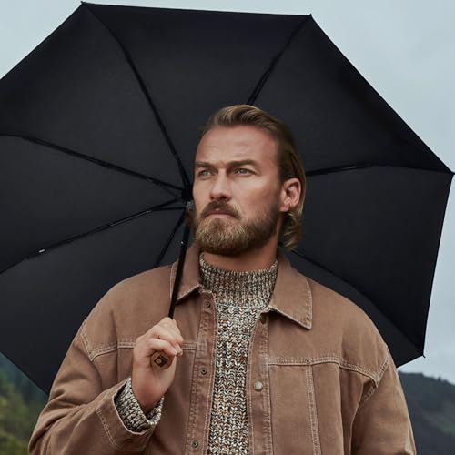 Knirps TIMBER Manual Umbrella - Compact Folding Rain Protection with German Beechwood Handle, Wind Tunnel Tested Frame, Portable Travel Design - color: Navy