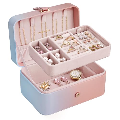 SONGMICS Travel Jewelry Organizer, 2-Layer Portable Jewelry Box Case - color: Pink‑blue Ombre