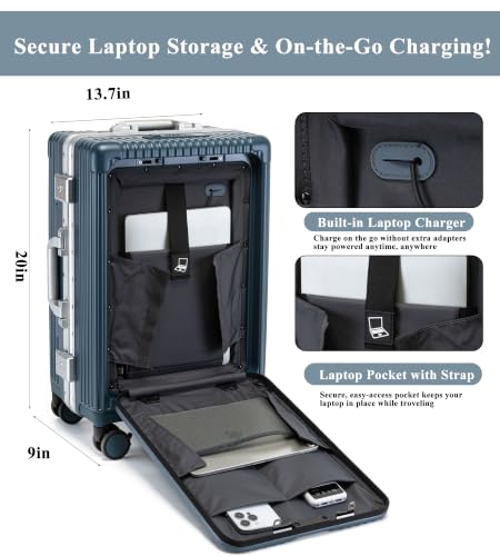 feilario PC Hardside Carry On Luggage, Aluminum Frame, TSA Lock, Cup Holder - color: A7-dark blue (zipperless closure), size: 20.8"