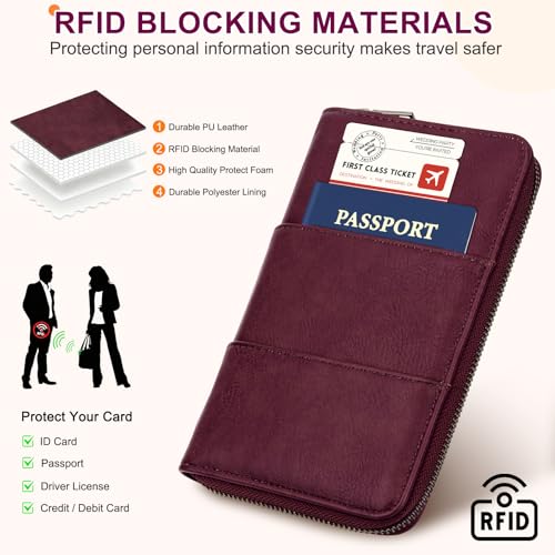 RFID Family Passport Holder Wallet - Travel Document Organizer - color: Wine Red