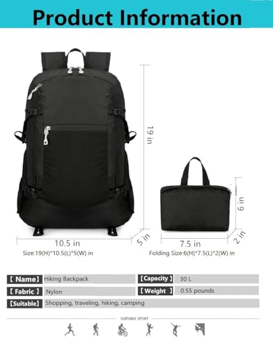 levayhill Hiking Foldable Backpack Packable Daypack,Black,30L - color: Black