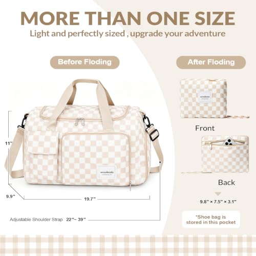 WOOMADA Foldable Travel Duffel Bag for Women, Weekender Bags with Shoes Compartment,Overnight Bag with Wet Pocket & Trolley Sleeve(beige checkerboard) - color: beige checkboard
