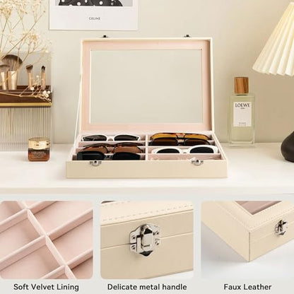 Frebeauty 8-Slot Sunglass Organizer,Sunglass Holder with Clear Lid - color: Beige, size: With Lid
