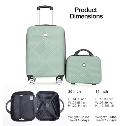 Tripcomp Carry-on Luggage Set 2 Piece Hardside Suitcase with Spinner Wheels - color: Olive Green-2, size: 2 Piece Set(14/20)