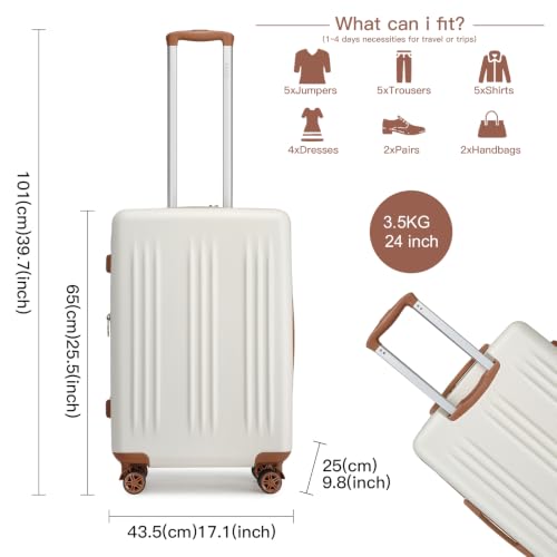 Kono 24 Inch Expandable Checked Luggage with Spinner Wheels TSA Lock Cream - color: Cream White, size: 24"