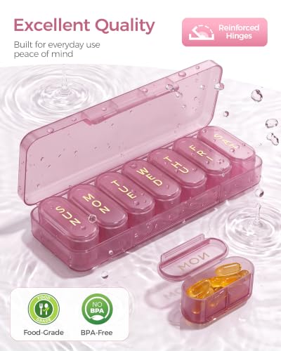 Daviky Weekly Pill Organizer with Large Capacity, 7 Day Pill Case 1x a Day - color: Pink Purple
