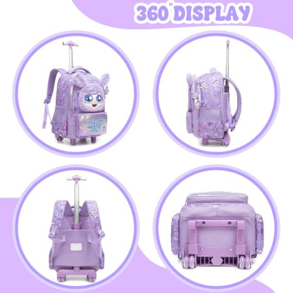 Girls Rolling Backpack for Kids with Wheels,Cute 3D Kids Rolling Backpack for School,Lightweight Kids Luggage for 6-8,Large Capacity BookBag with Wheels & Telescopic Handle - color: 3d Plush Cute Purple