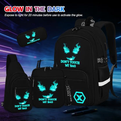 Backpack for Boys, 4PCS Cool Luminous Boy Backpack with Lunch Box | Sling Bag & Pencil Case for Kids, Bookbag for Boys Teens Elementary Middle School Students, Schoolbag Glow In The Dark - color: Black Flame