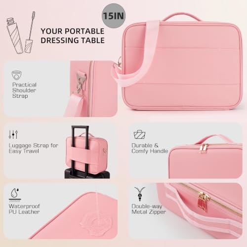 15''X11'' Large Capacity Makeup Bag with LED Mirror, Professional Makeup Case Organizer with 3 Color Light Adjustable Brightness, Travel Make up Cosmetic Case with Detachable Dividers & Shoulder Strap - color: Pink, style: Integrated