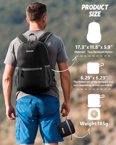 Gonex Packable Daypack Backpack 20L Lightweight Foldable Travel Bag - color: Black