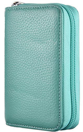 Easyoulife Genuine Leather Credit Card Holder Zipper Wallet With 26 Card Slots - color: Teal, size: small