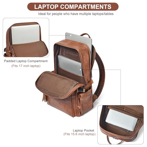 Shrrie 17 Inch Leather Laptop Backpack for Women with Giant Tumbler Holders - color: Caramel Brown
