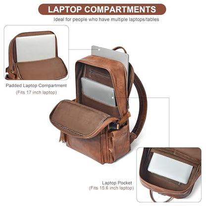 Shrrie 17 Inch Leather Laptop Backpack for Women with Giant Tumbler Holders - color: Caramel Brown