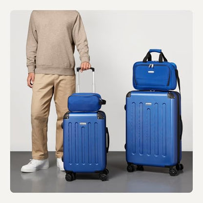 Amazon Basics 4-Piece Hardside Luggage Set with Multidirectional Spinner Wheels, 22" Carry-On, 28" Checked Suitcase, 15" Tote Bag and 10" Travel Case, Navy Blue - color: Navy Blue, size: 4-Piece Luggage Set