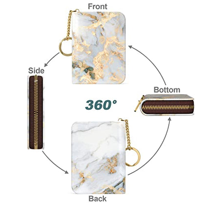 Nipichsha Women's Gray Gold Marble Leather Slim RFID Wallet, Compact Size, 12-Slot with Zipper and Keychain - color: Gray Gold Marble