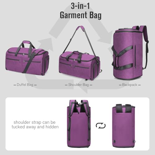 Bukere Carry on Garment Duffle Bag for Travel, Convertible Suit Bag with Backpack Shoulder Straps, Shoe Compartment, Waterproof 3 in 1 Weekender Suit Bag for Men Women - color: Backpack Purple