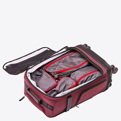 Trilogy All-In-One Bundle: 3-Part Modular Rolling Pack and 8 Perfect Fit Packing Cubes and a padded hip belt. Get 3 bags in 1 (Zinfandel) - color: Red