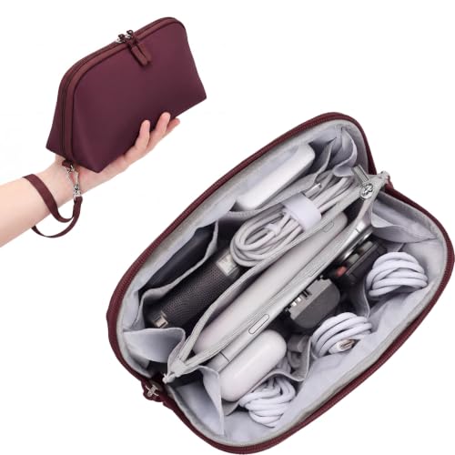 FYY Travel Cable Organizer - 8 Compartments, Lightweight, Water Repellent - color: Wine Red, size: (M) 8.9"× 5.1"× 3.3"