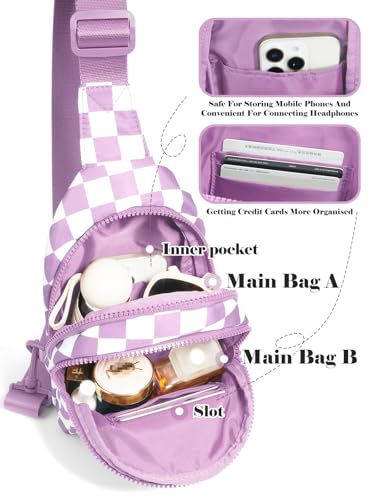Checkered Sling Bag for Women Small Backpack Crossbody Chest Bag Fanny Packs Purses - color: Checkered Sling Bag - Light Purple