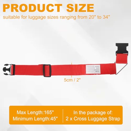 MECCANIXITY Cross Luggage Straps with Quick-Release Buckle Name ID Card Adjustable Suitcase Belt Strap for Suitcase Briefcase Backpack Travel, Red, Pack of 2 - color: Red