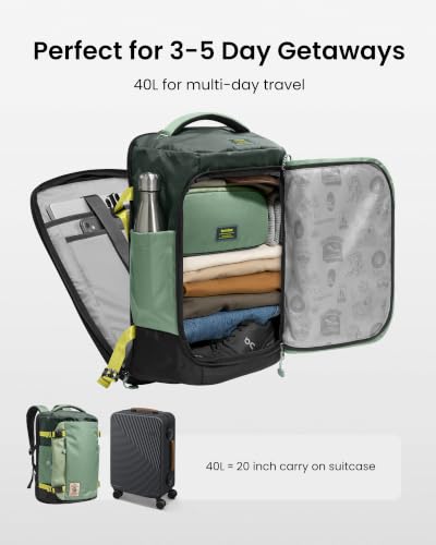 tomtoc Travel Backpack 40L, TSA Carry On Bag Flight Approved, PFAS Free - color: Moss Green-ripstop, size: 40L