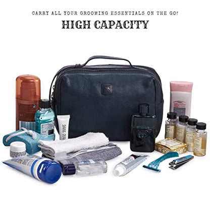 Leather Toiletry Bag Dopp Kit for Men Women Travel Shaving Pouch Organiser - color: Ocean Blue