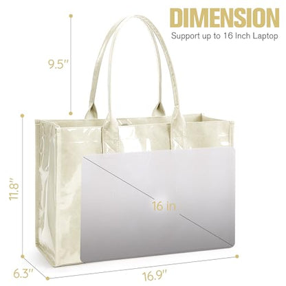 KALIDI PVC Tote Bag Women’s Kraft Paper Work Handbags Purses with Top Handle - color: Beige