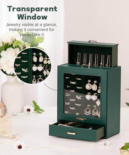 Homde Display Jewelry Box for Girls: Starter Organizer with Clear Window - color: Forest Green + Gold