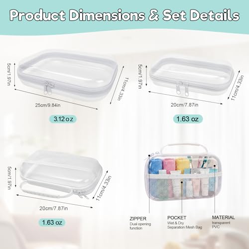 AZY 3 Pack Clear Hard Shell Zipper Organizer Set, Multi-Size Waterproof Storage Bags with Wet Dry Separation, Travel Makeup Bag, Toiletry Bag, Pencil Case, Cosmetic Organizer