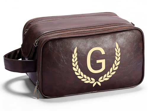 OXYEFEI Personalized Gifts for Men, Personalized Large Toiletry Bag for Men,Custom PU Leather Waterproof Mens Toiletry Travel with Initial Essential Dopp Kit Shaving Bag (G, Tea Brown) - color: Tea Brown, style: G