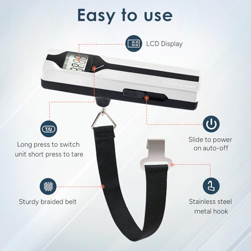 Battery-Free Luggage Scale – No Batteries Needed, Portable Digital Hanging Suitcase Weight Scale for Air Travel & Checked Bags, 110lb/50kg, LCD Display, Compact Travel Accessory - color: White-Large Handle
