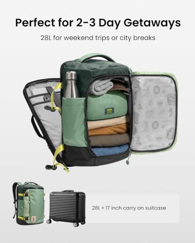 tomtoc Travel Backpack 28L,TSA Personal Item Bag Flight Approved,PFAS Free - color: Moss Green-ripstop, size: 28L