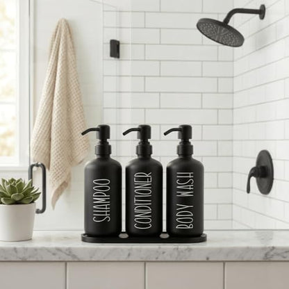 MOMEEMO Reusable Shampoo and Conditioner Bottles with Tray, Black - color: Black Black