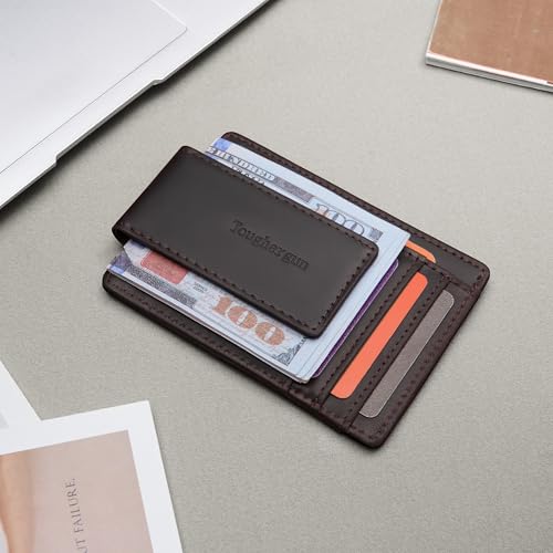Toughergun Slim Wallet for Men RFID Blocking Money Clip, Minimalist Front Pocket Credit Card Holder, Magnetic Thin Mens Wallets with ID Window - color: Deep Coffee