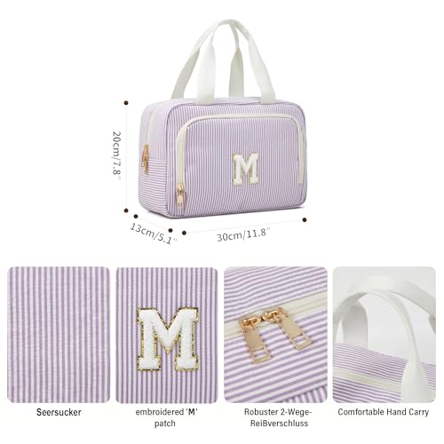 Large Initial Makeup Bag with Compartments,Striped Seersucker Toiletry Organizer with Handle, Personalized Monogram Cosmetic Bag for Skincare,Travel & Daily Storage - Purple M - color: Purple