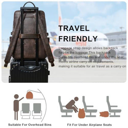 Leather Laptop Backpack for Women Fits 17" Laptop, with RFID Wristlet Purse - color: Coffee