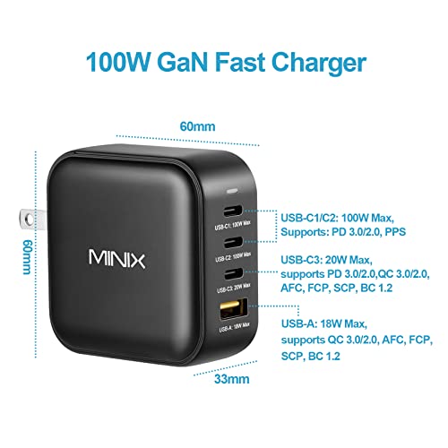 MINIX P3 100W Turbo 4-Port GaN Travel Wall Charger USB C PD Power Adapter - size: 100W