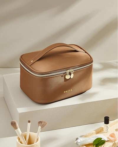 Prite Makeup Bag Travel Cosmetic Case, Women Toiletry Bag Organizer, Brown - color: Brown
